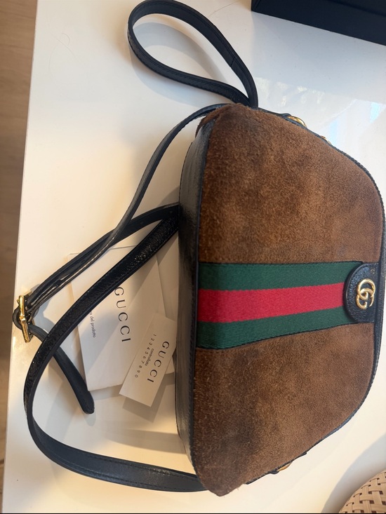 Gucci Handbags - Gucci Brown Suede Crossbody with Green and Red Web Stripe